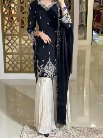 FANCY CHINON SILK EMBROIDERY SEQUENCE FANCY MOTI LATKAN BORDER  WORK TOP PALAZZO WITH DUPATTA  BLACK