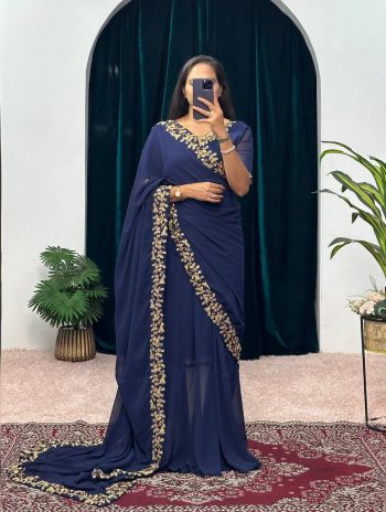 FANCY GEORGETTE FLAIRED LACE WORK GOWN SAREE WITH ATTACHED PALLU NAVY BLUE