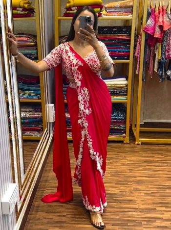 FASHIONABLE CHINON EMBROIDERY CODING WORK READY TO WEAR SAREE WITH STITCHED BLOUSE RANI