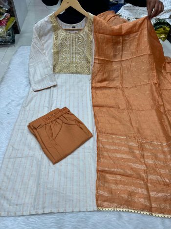 LATEST COTTON EMBROIDERY WEAVING WORK TOP BOTTOM WITH DUPATTA ORANGE