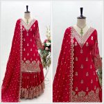 LATEST FAUX GEORGETTE SEQUENCE EMBROIDERY  WORK TOP LEHNGA WITH DUPATTA RED