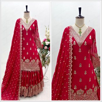 LATEST FAUX GEORGETTE SEQUENCE EMBROIDERY  WORK TOP LEHNGA WITH DUPATTA RED