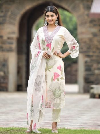 LATEST GEORGETTE EMBROIDERY SEQUENCE WORK TOP BOTTOM WITH DUPATTA OFF WHITE