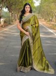 LATEST JIMMY CHOO EMBROIDERY WORK BORDER WITH CUT WORK SAREE WITH UNSTITCHED BLOUSE MEHNDI