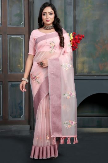 LATEST ORGANZA MULTI THREAD EMBROIDERY WITH ZARI WEAVING WORK SAREE WITH UNSTITCHED BLOUSE  BABY PINK