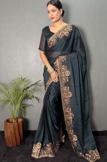 LATEST RANGOLI SILK ZARI WORK WITH SWAROVSKI WORK READY TO WEAR SAREE WITH UNSTITCHED BLOUSE TEAL