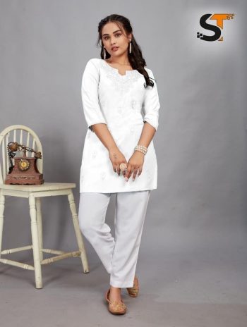LATEST RAYON EMBROIDERY WORK SHORT KURTI  WHITE