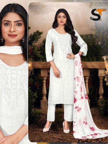 LATEST RAYON EMBROIDERY WORK TOP BOTTOM WITH DUPATTA  WHITE