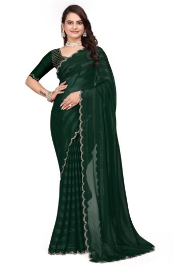 LATEST RIMZIM PATTA HOT FIX SAREE WITH UNSTITCHED BLOUSE GREEN