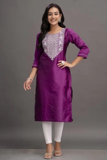 LATEST SILK EMBROIDERY WORK KURTI  WINE