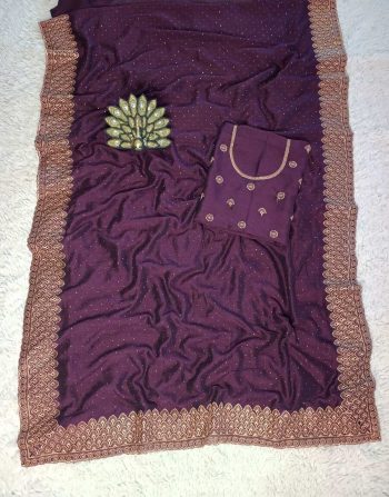 LATEST VICHITRA SILK ZARI WORK WITH SWAROVSKI WORK SAREE WITH UNSTITCHED BLOUSE PURPLE