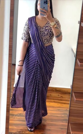 NEW ARRIVAL CHINON DIGITAL PRINTED READY TO WEAR SAREE WITH STITCHED EMBRODERY SEQUENCE WORK BLOUSE AND WAIST BELT PURPLE