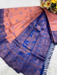NEW ARRIVAL KANJIVARAM SILK COPPER AND GOLD  ZARI WEAVING WORK SAREE WITH UNSTITCHED BLOUSE PEACH