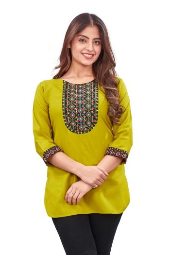NEW ARRIVAL RAYON EMBROIDERY WORK KURTI LEMON