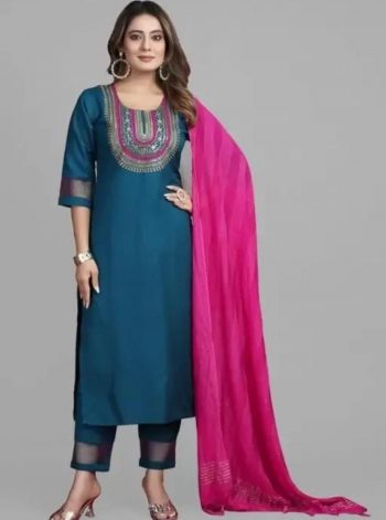 NEW ARRIVAL RAYON SLUB EMBROIDERY WORK TOP BOTTOM WITH DUPATTA  TEAL