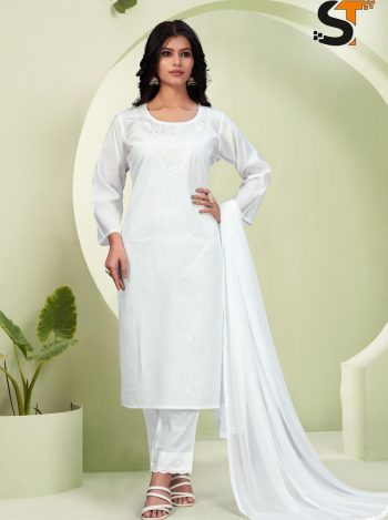 NEW ARRIVAL ROMAN SILK EMBROIDERY SEQUENCE WORK TOP BOTTOM WITH DUPATTA WHITE