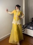 NEW ARRIVAL SOFT ORGANZA SEQUENCE EMBROIDERY WORK STITCHED TOP BLOUSE PALAZZO WITH DUPATTA  YELLOW