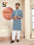 RICH LOOK RAYON CHIKAN WORK MEN'S KURTA PAYJAMA SET  SKY