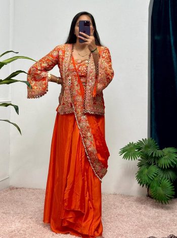CHINON EMBROIDERY AND MOTI LACE BORDER WORK READY TO WEAR SAREE WITH BLOUSE AND KOTI ORANGE