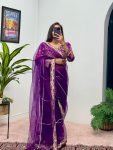 TRENDING BUTTERFLY NET EMBROIDERY SEQUENCE PEARL MOTI WORK SAREE WITH UNSTITCHED BLOUSE PURPLE