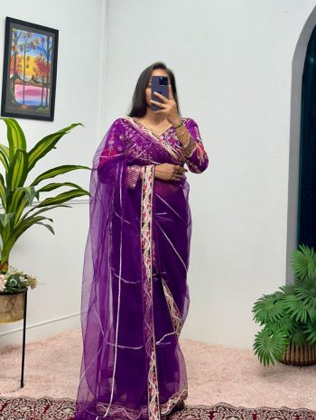 TRENDING BUTTERFLY NET EMBROIDERY SEQUENCE PEARL MOTI WORK SAREE WITH UNSTITCHED BLOUSE PURPLE