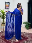 TRENDING FAUX GEORGETTE EMBROIDERY WORK READY TO WEAR GOWN SAREE WITH WAIST BELT BLUE