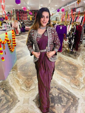 DESIGNER RANGOLI SILK EMBROIDERY BUTTA WORK READY TO WEAR SAREE WITH FULLY STITCHED BLOUSE KOTI AND WAITST BELT MAROON