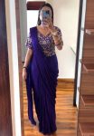 DESIGNER CHINON EMBROIDERY CODING WORK READY TO WEAR SAREE WITH STITCHED BLOUSE AND BELT  PURPLE