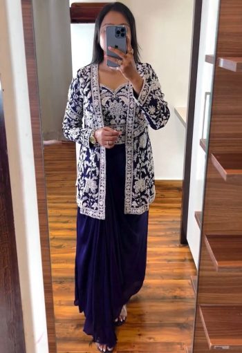DESIGNER CHINON EMBROIDERY WORK DRAPE SKIRT FULLY STITCHED BLOUSE WITH KOTI PURPLE