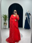 DESIGNER FAUX GEORGETTE EMBROIDERY AND REAL PEARL MOTI WORK LEHENGA SAREE WITH EMBROIDED DUPATTA AND FULL STITCHED BLOUSE RED