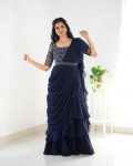 DESIGNER GEORGETTE EMBROIDERY SEQUENCE WORK LEHENGA SAREE STITCHED BLOUSE WITH WASIT BELT  NAVY BLUE