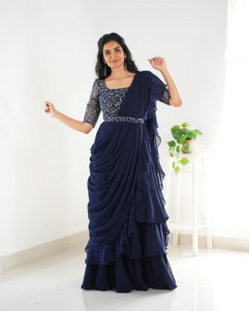 DESIGNER GEORGETTE EMBROIDERY SEQUENCE WORK LEHENGA SAREE STITCHED BLOUSE WITH WASIT BELT  NAVY BLUE