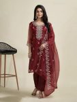 DESIGNER ORGANZA EMBROIDERY WORK TOP BOTTOM WITH DUPATTA MAROON