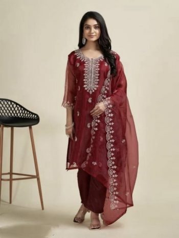 DESIGNER ORGANZA EMBROIDERY WORK TOP BOTTOM WITH DUPATTA MAROON