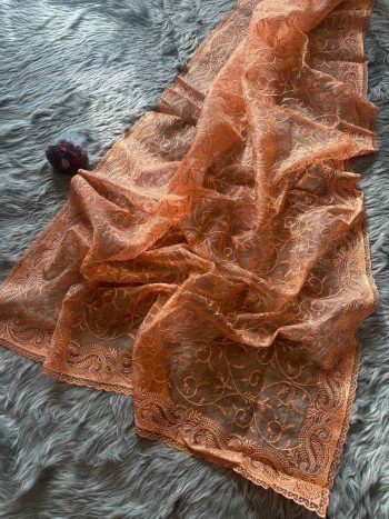 DESIGNER ORGANZA SILK EMBROIDERY THREAD SPARKLING HOTFIX DIAMOND WORK SAREE WITH UNSTITCHED BLOUSE ORANGE