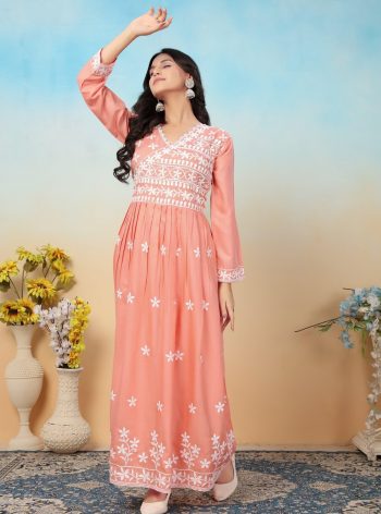 DESIGNER RAYON CHIKANKARI EMBROIDER WORK TOP BOTTOM SET PEACH