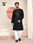 DESIGNER SILK EMBROIDERY AND SEQUENCE WORK MEN'S KURTA PAYJAMA  BLACK