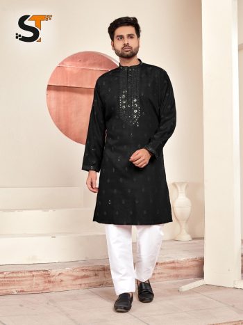 DESIGNER SILK EMBROIDERY AND SEQUENCE WORK MEN'S KURTA PAYJAMA  BLACK