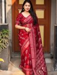 DESIGNER SOFT LINEN BATIK STYLE PRINTED ZARI PATTU WEAVING BORDER WORK SAREE WITH UNSTITCHED BLOUSE MAROON