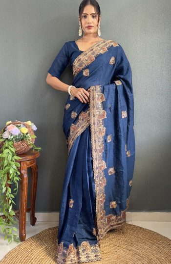 DESIGNER VICHITRA SILK ZARI AND STONE WORK WITH CUT WORK BORDER READY TO WEAR SAREE WITH UNSTITCHED BLOUSE  NAVY BLUE