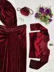 2DESIGNER VISCOSE VELVET PEARL MOTI WORK DRAPE LEHENGA SAREE WITH STITCHED BLOUSE AND BATWA PARTYWEAR WHOLESALE PRICE ETHNIC GARMENT (21)