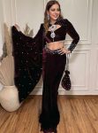 DESIGNER VISCOSE VELVET PEARL MOTI WORK DRAPE LEHENGA SAREE WITH STITCHED BLOUSE MAROON
