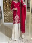 FANCY CHINON SILK EMBROIDERY SEQUENCE FANCY MOTI LATKAN BORDER  WORK TOP PALAZZO WITH DUPATTA  RED