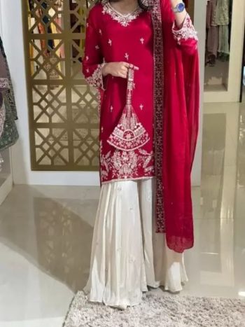 FANCY CHINON SILK EMBROIDERY SEQUENCE FANCY MOTI LATKAN BORDER  WORK TOP PALAZZO WITH DUPATTA  RED
