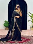 FANCY GEORGETTE FLAIRED LACE WORK GOWN SAREE WITH ATTACHED PALLU BLACK