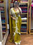 FASHIONABLE CHINON EMBROIDERY CODING WORK READY TO WEAR SAREE WITH STITCHED BLOUSE YELLOW