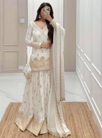 LATEST FAUX GEORGETTE SEQUENCE EMBROIDERY  WORK TOP LEHNGA WITH DUPATTA WHITE