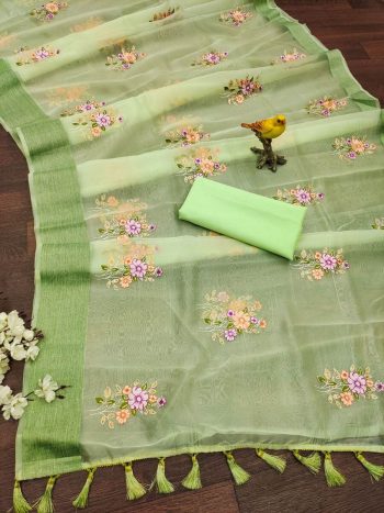 LATEST ORGANZA MULTI THREAD EMBROIDERY WITH ZARI WEAVING WORK SAREE WITH UNSTITCHED BLOUSE  PISTA
