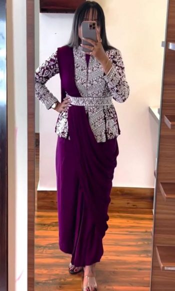 LATEST RANGOLI SILK EMBROIDERY WORK READY TO WEAR SAREE WITH KOTI STYLE FULLY STITCHED BLOUSE PURPLE