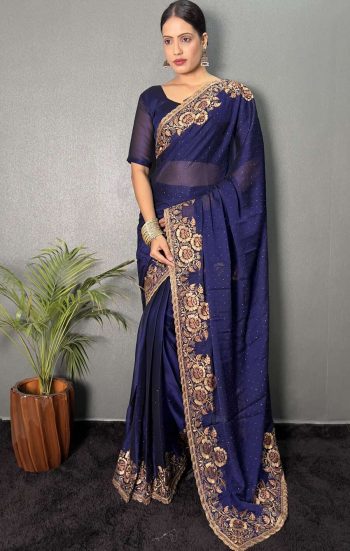 LATEST RANGOLI SILK ZARI WORK WITH SWAROVSKI WORK READY TO WEAR SAREE WITH UNSTITCHED BLOUSE NAVY BLUE
